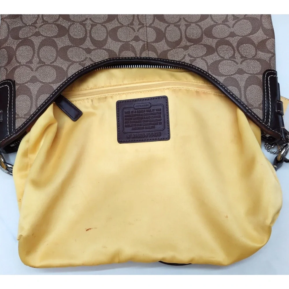 Coach Signature Brown Leather Heritage Strip Zipper Hobo Shoulder Bag